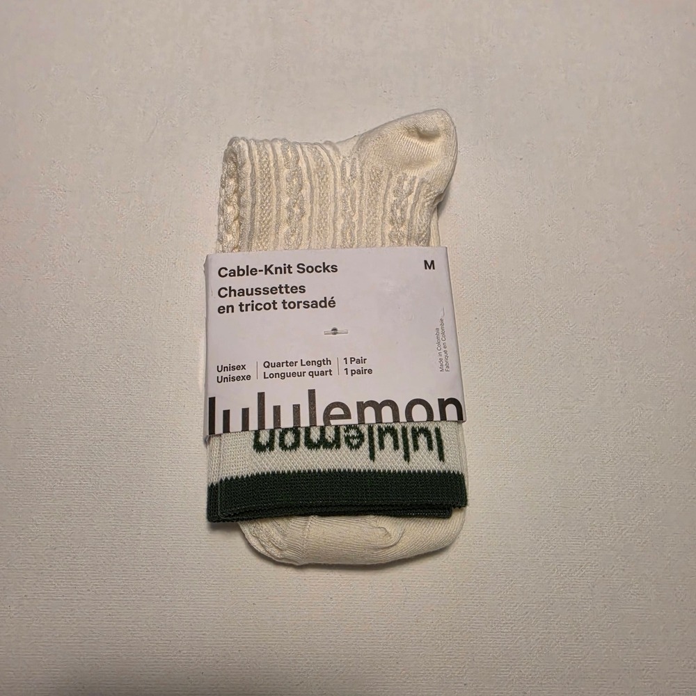 Lululemon Cable-Knit Quarter Length Socks White Green Unisex Size Medium NWT